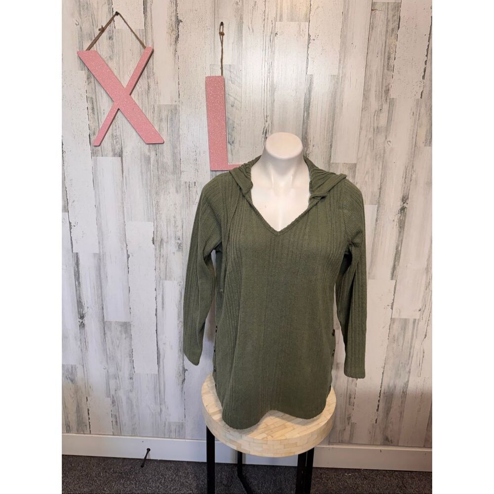 Tru Self Olive Green Ribbed Hooded Pullover Sweater Womens Size 1X Side Buttons